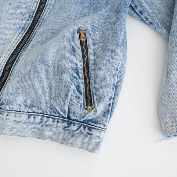 Vintage 80's Silver Denim Acid Wash Zip Up Biker Style Jacket  Size Medium - Picture 5 of 11